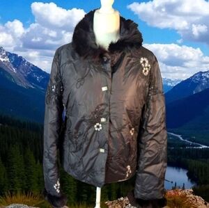 Embellished sequin embroidery faux fur trim black Warm Jacket Todd Smith  Sz M